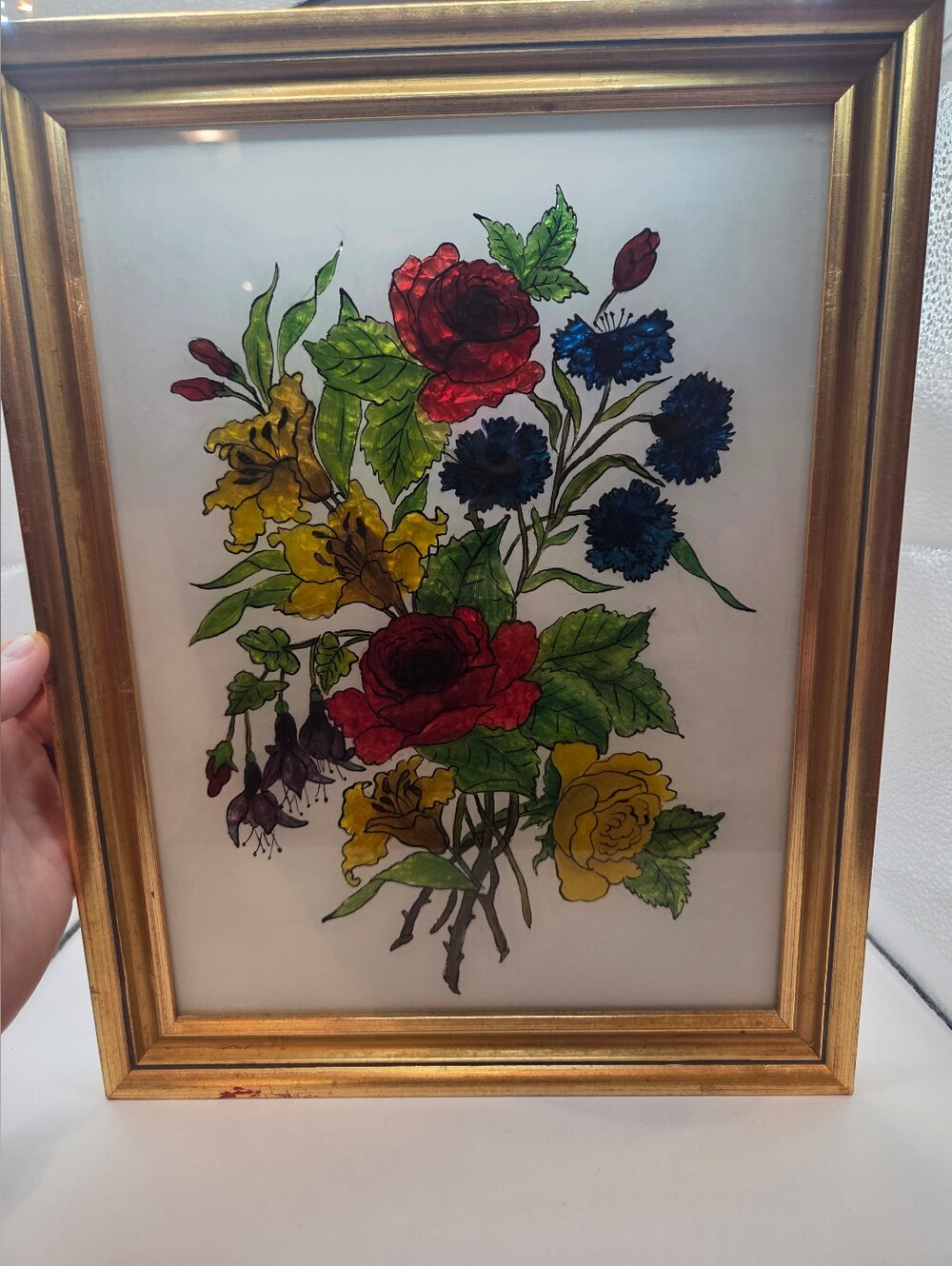 1970s Vintage Reverse Painted Crinkled Foil Art Flowers Framed